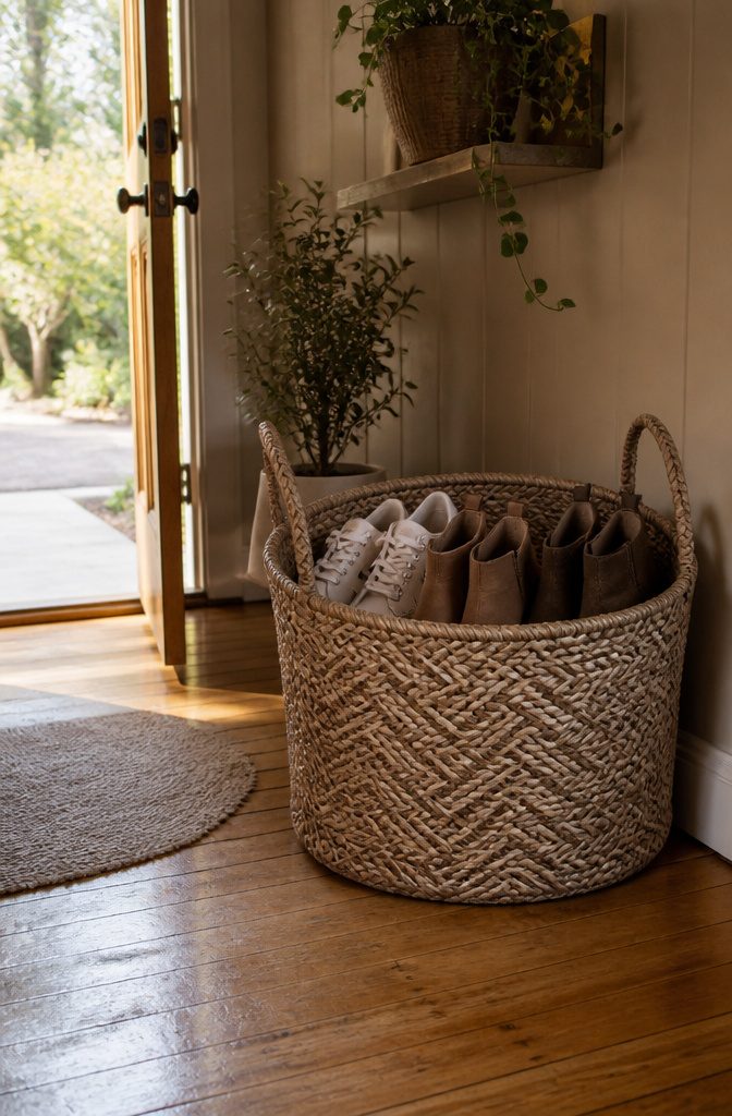 A seagrass basket by the front door containing stylish sneakers and ankle boots.