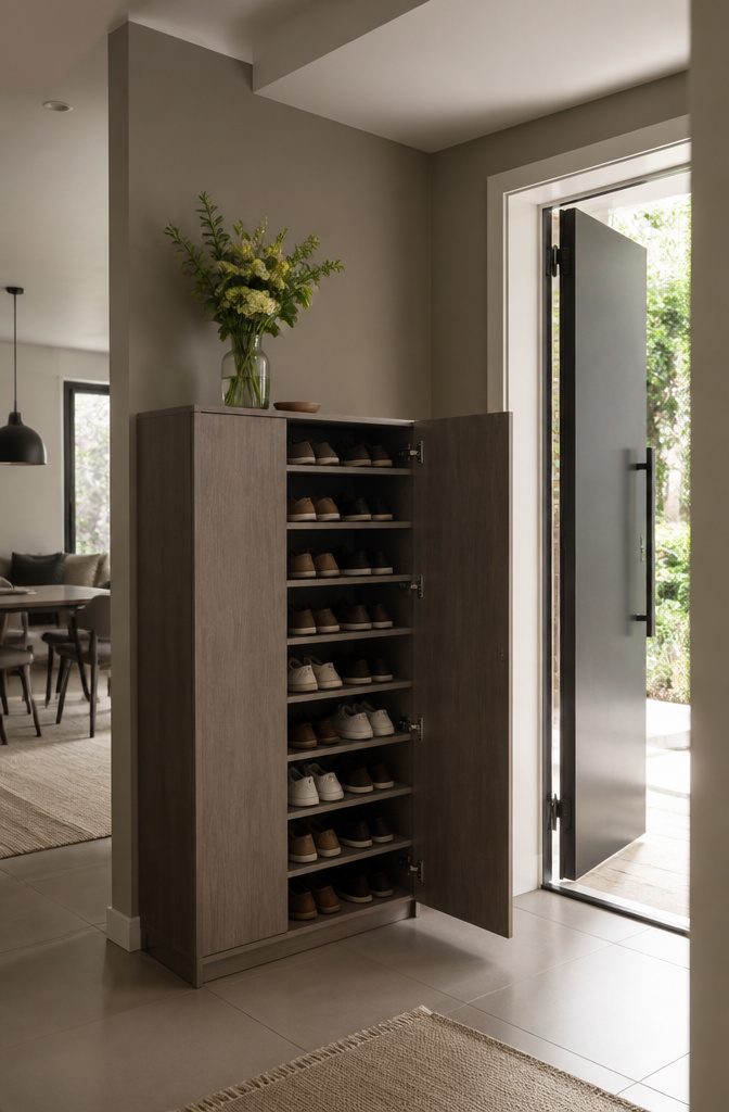 A gray oak shoe storage cabinet with an open door revealing neatly arranged shoes.