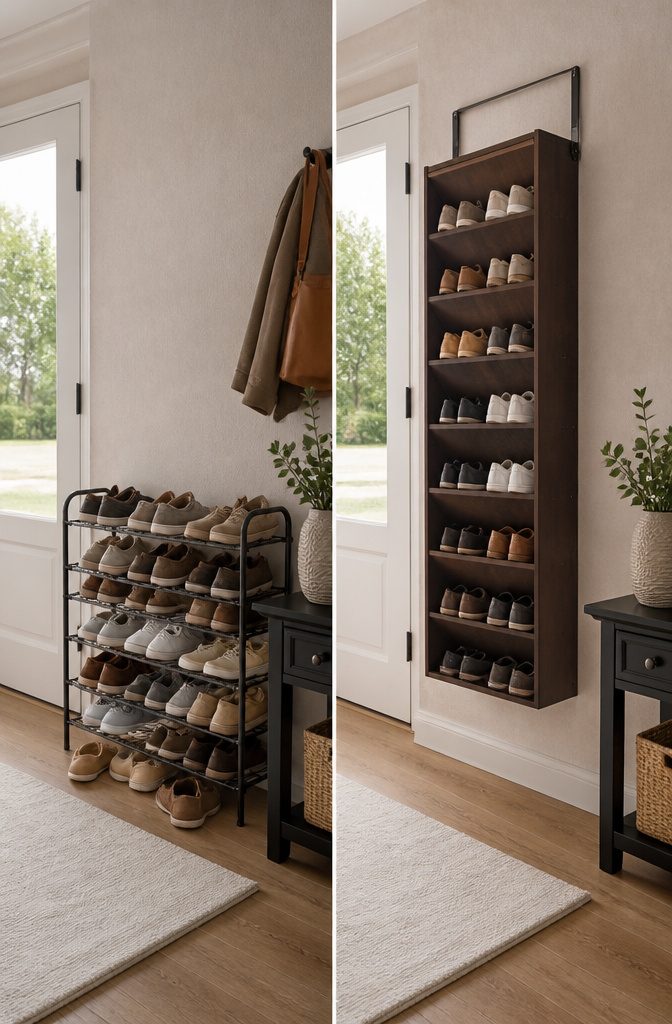 Various shoe storage options utilizing space effectively in a compact entryway.
