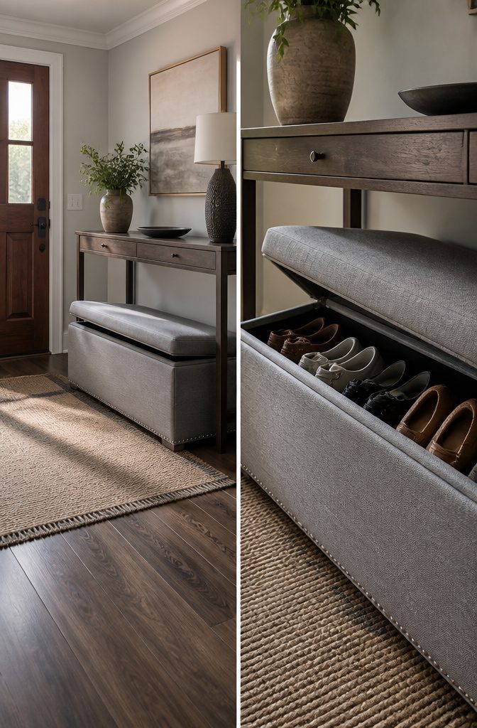 An upholstered storage ottoman under an entryway console with boots inside.