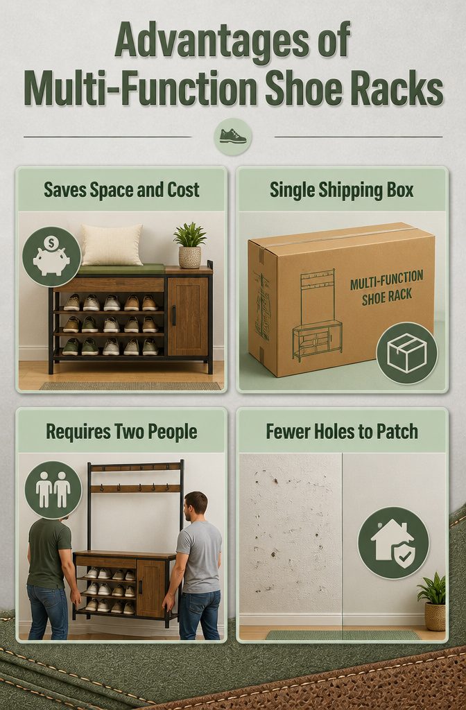 A visual representation of benefits of multi-function shoe racks in an entryway.