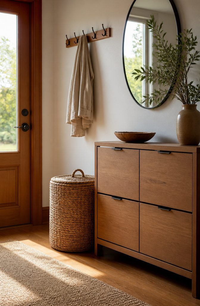 A woven basket with a lid beside a wooden cabinet in a well-decorated entryway.