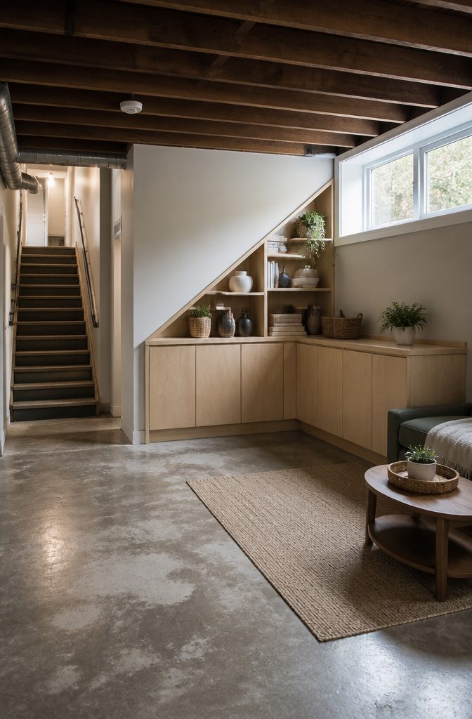 9 Small Basement Storage Ideas That Actually Fit Tight Spaces 8 Built-in storage cabinets installed in a basement's knee wall.