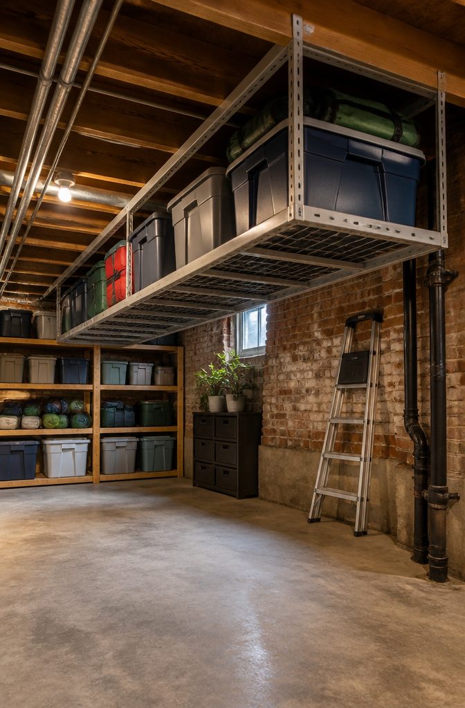 9 Small Basement Storage Ideas That Actually Fit Tight Spaces 7 A ceiling-mounted storage rack holding various bins in a basement.