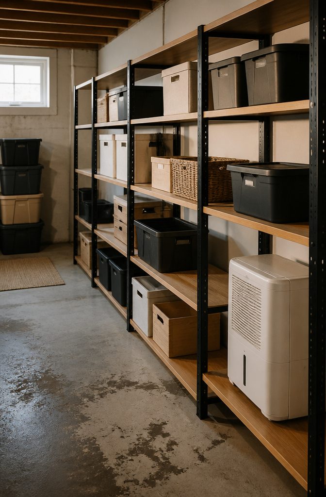 9 Small Basement Storage Ideas That Actually Fit Tight Spaces 2 A sleek steel shelving system with wooden shelves in a basement.