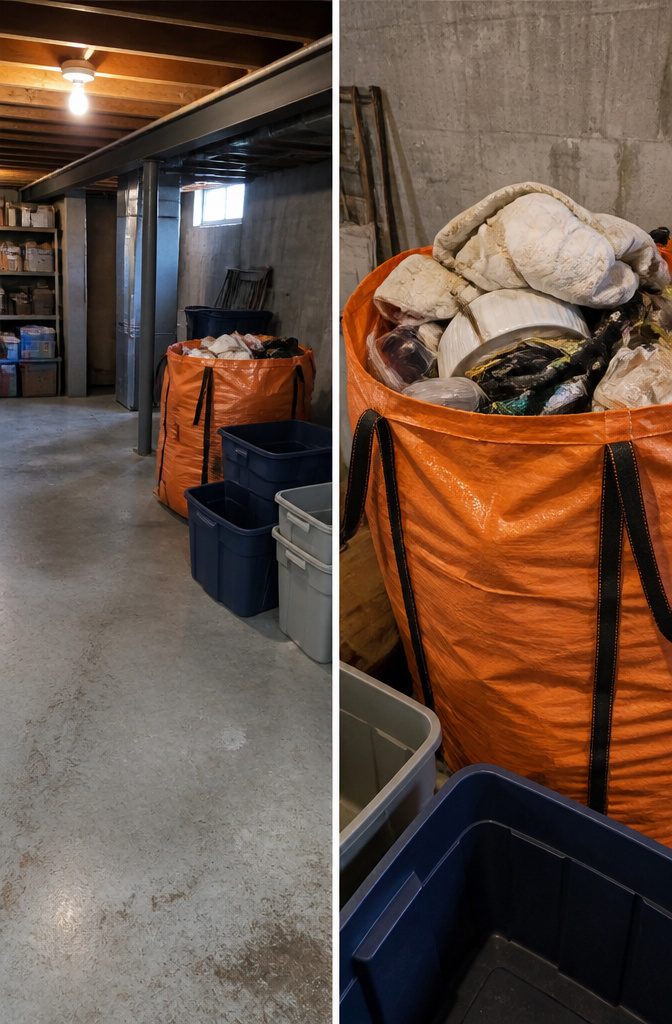 9 Small Basement Storage Ideas That Actually Fit Tight Spaces 10 A filled Bagster bag sitting in a driveway for disposal.