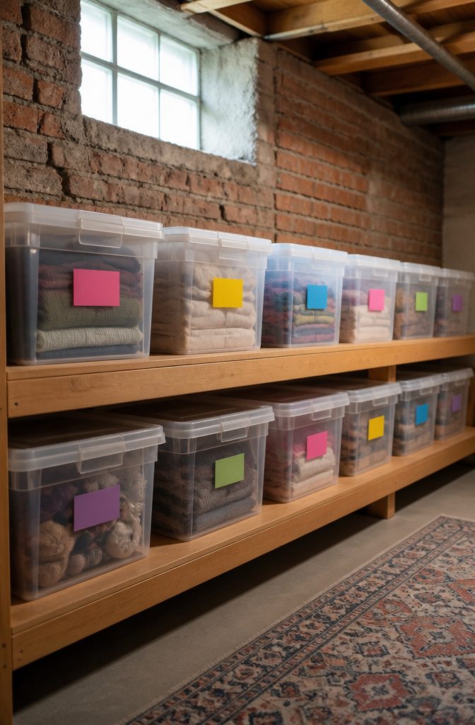 9 Small Basement Storage Ideas That Actually Fit Tight Spaces 11 Storage bins with colorful adhesive labels on a wooden shelf.