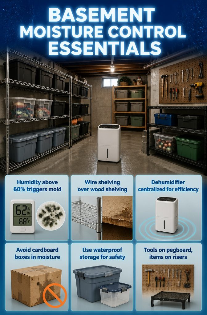 9 Small Basement Storage Ideas That Actually Fit Tight Spaces 12 A hygrometer and wire shelving setup in a basement.