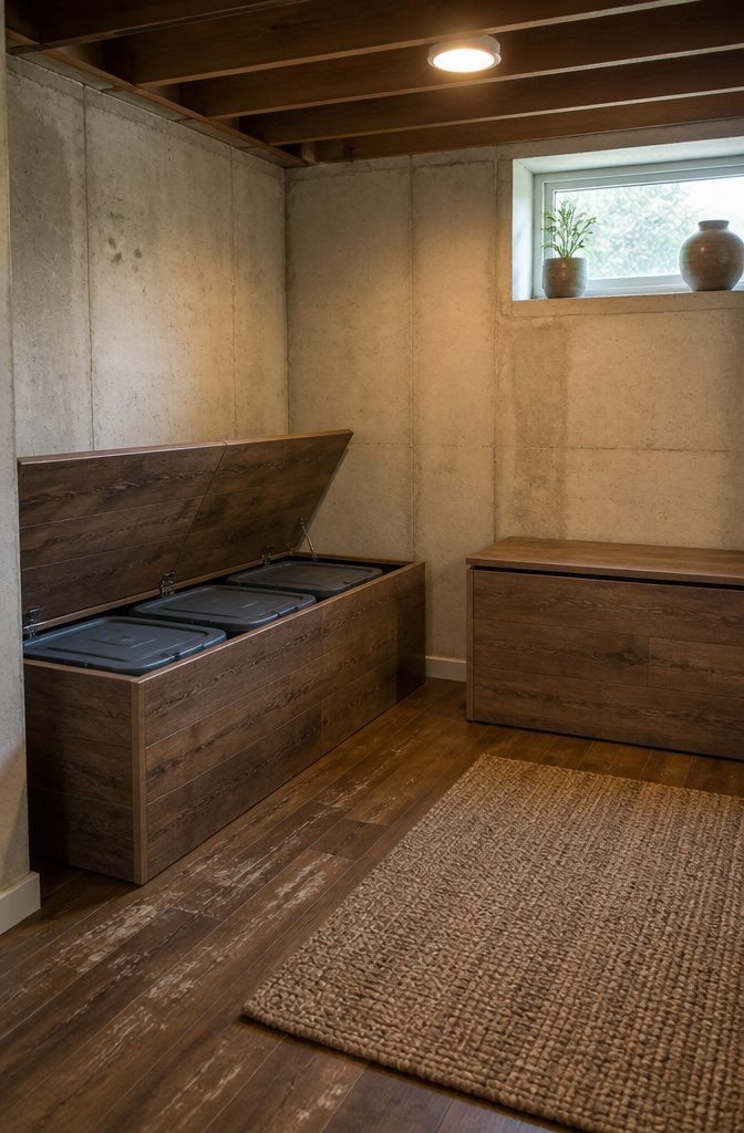 9 Small Basement Storage Ideas That Actually Fit Tight Spaces 6 A bench with a hinged lid concealing storage in a basement corner.