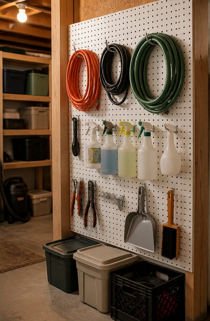 9 Small Basement Storage Ideas That Actually Fit Tight Spaces 1 A pegboard wall displaying various tools and hooks in a basement.