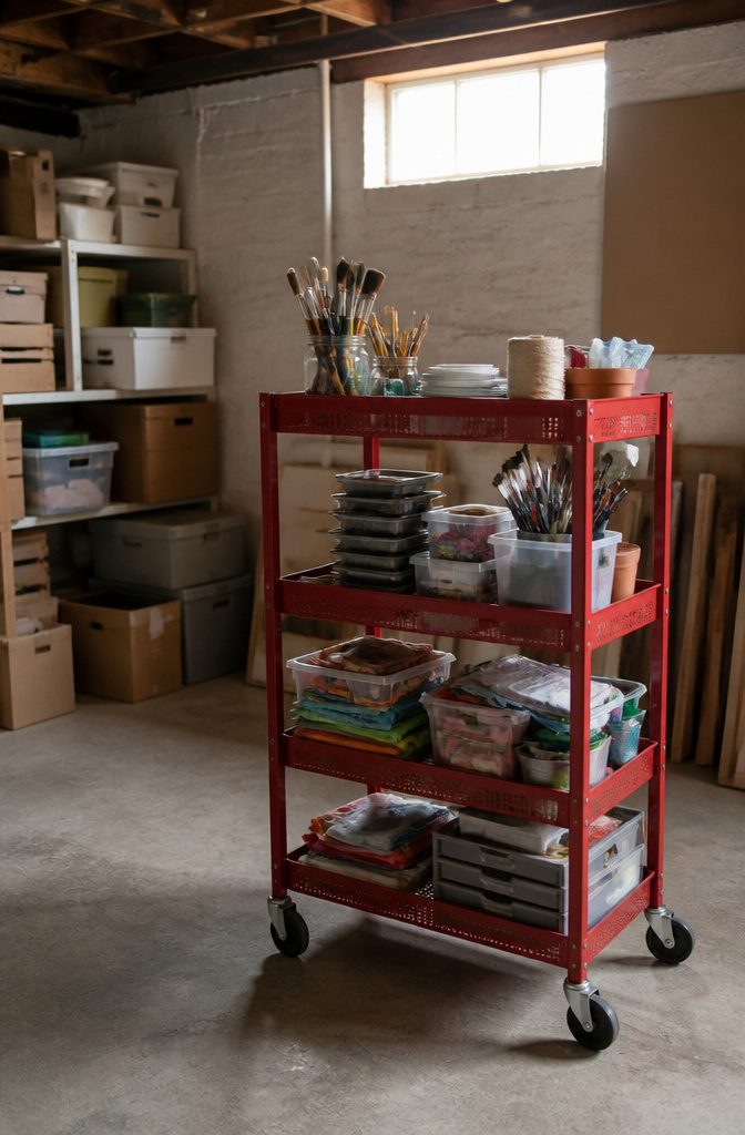 9 Small Basement Storage Ideas That Actually Fit Tight Spaces 4 A red rolling cart filled with crafting supplies on a basement floor.
