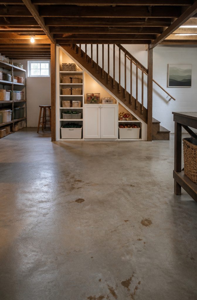 9 Small Basement Storage Ideas That Actually Fit Tight Spaces 3 Framed storage area under basement stairs with bins and cabinets.