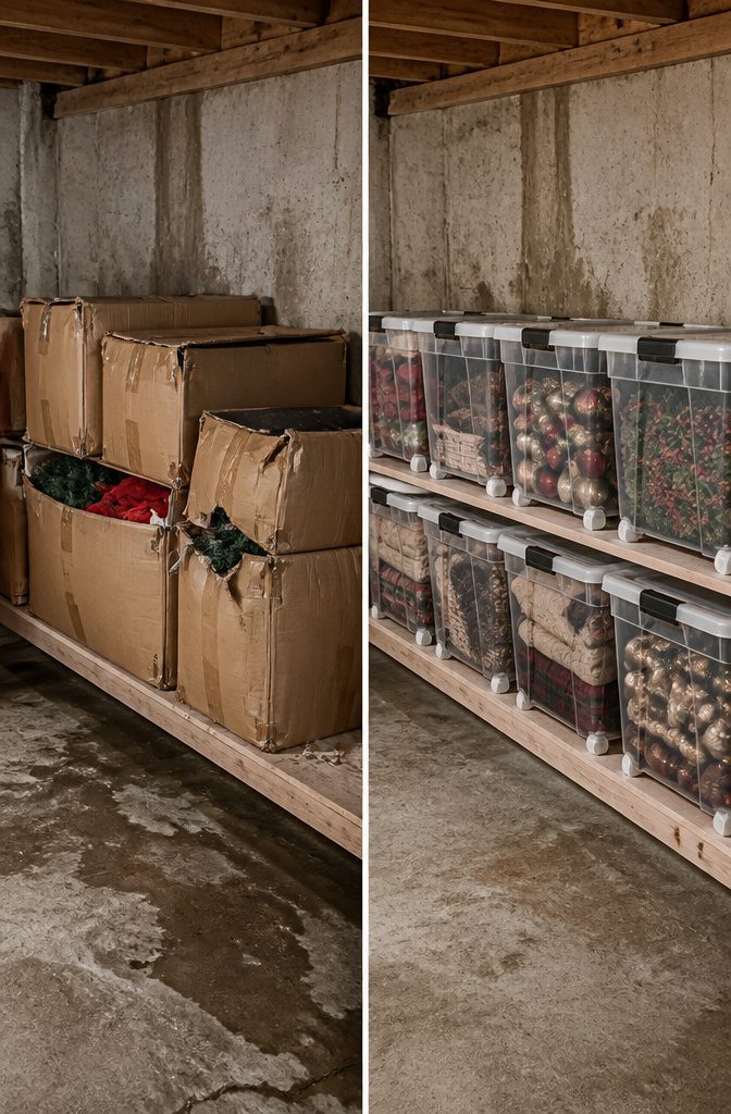 9 Small Basement Storage Ideas That Actually Fit Tight Spaces 5 Clear weathertight storage bins stacked on a shelf in a basement.
