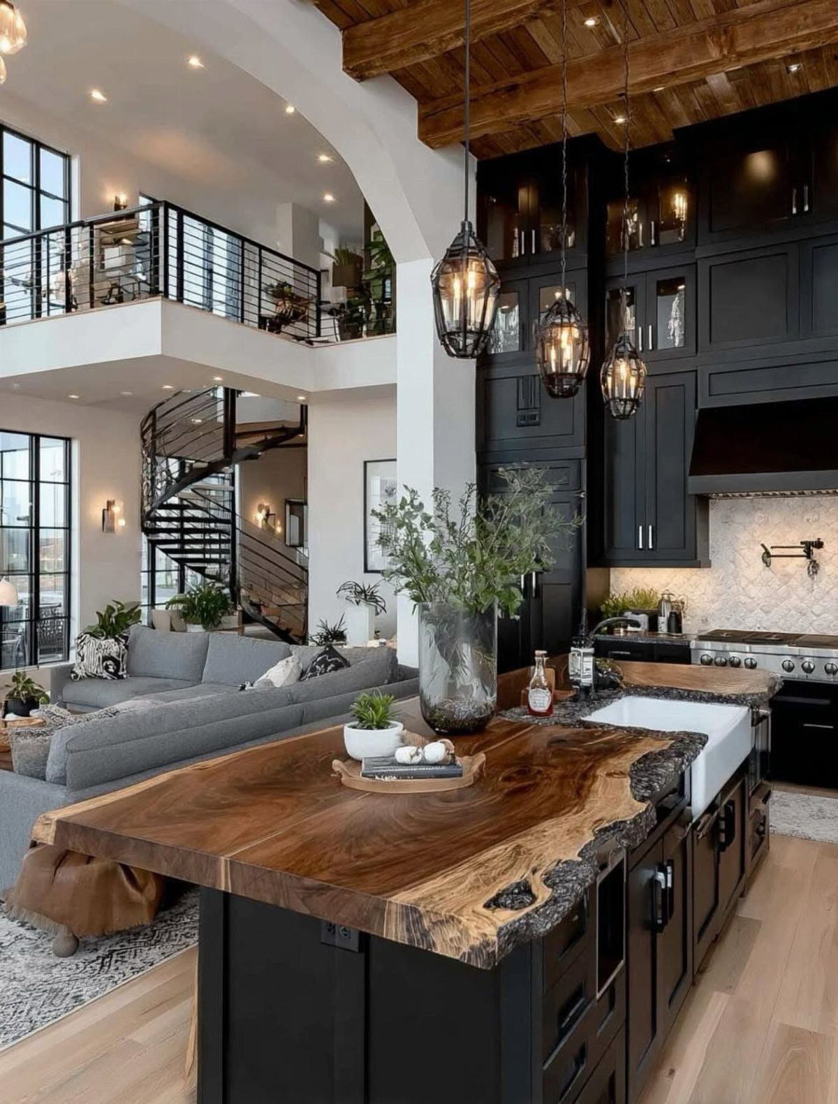 13 Spanish Style Living Room Decor Ideas with Warm Character 2 Live-edge wooden island and grey sofa in a modern rustic Spanish living room