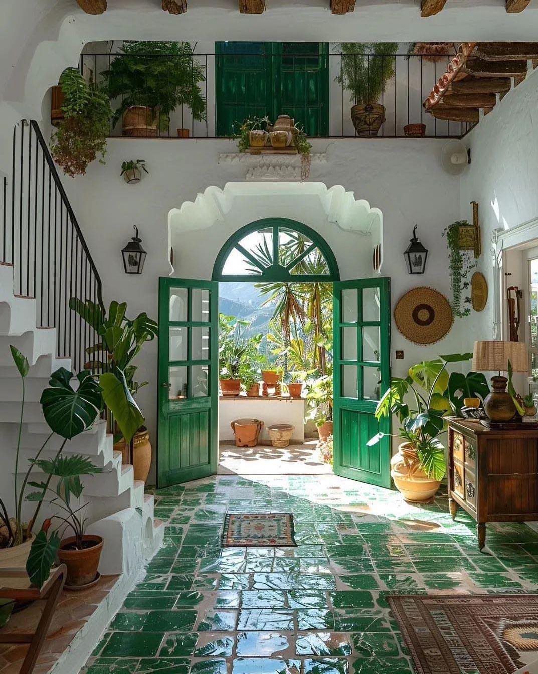 13 Spanish Style Living Room Decor Ideas with Warm Character 3 Arched doorway with open green French doors leading to a sunny plant-filled patio