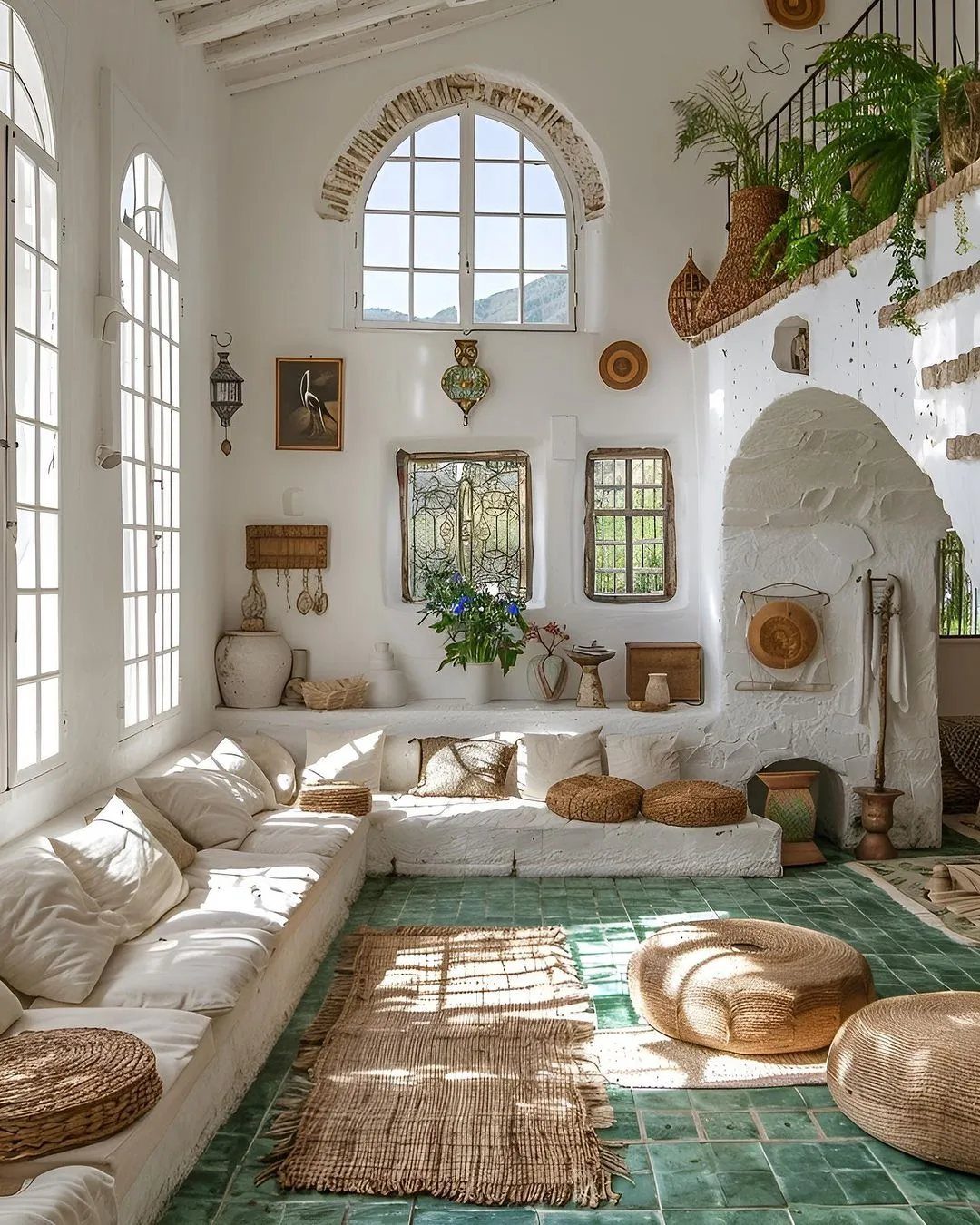 13 Spanish Style Living Room Decor Ideas with Warm Character 12 Rustic Spanish living room with green tiled floors, white walls, and arched windows.