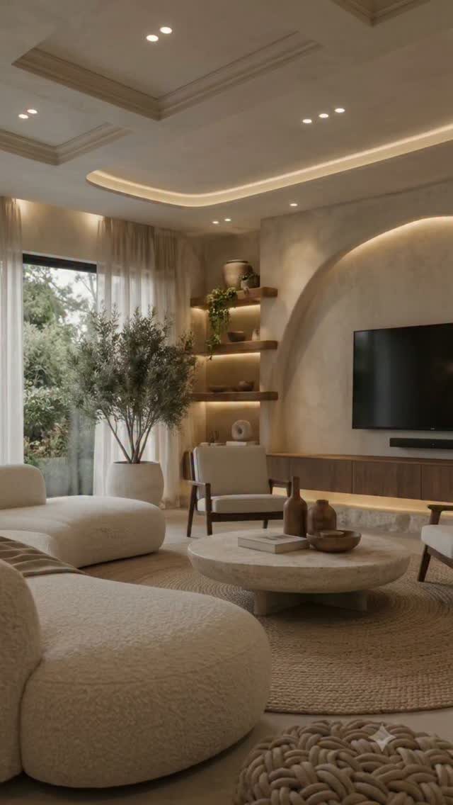 13 Spanish Style Living Room Decor Ideas with Warm Character 8 Modern living room with layered recessed and cove lighting in warm beige tones