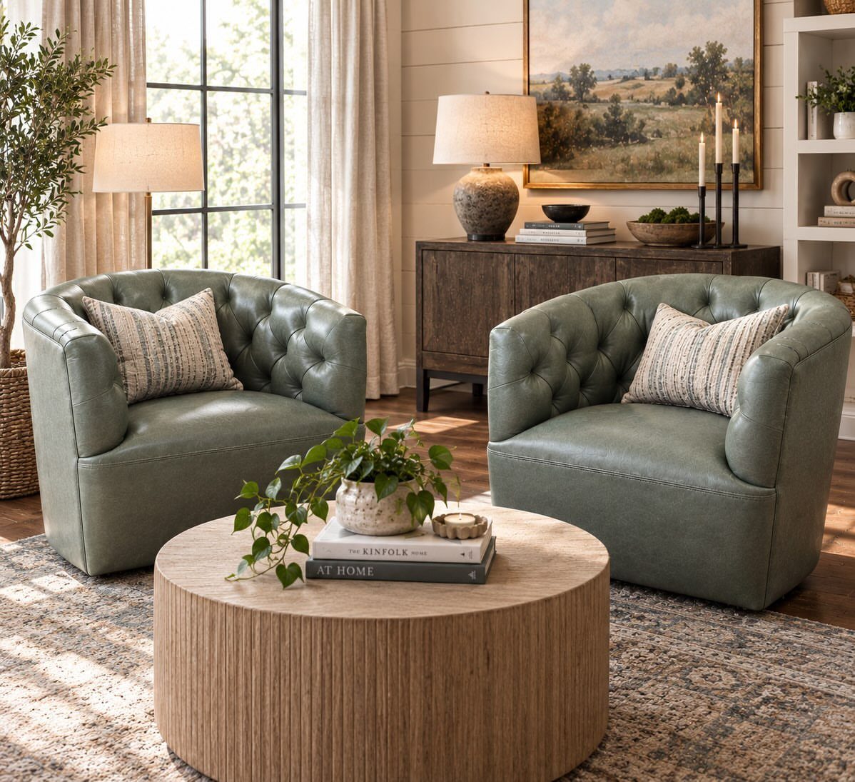 13 Spanish Style Living Room Decor Ideas with Warm Character 7 Two olive green leather tufted accent chairs in a rustic living room setting.