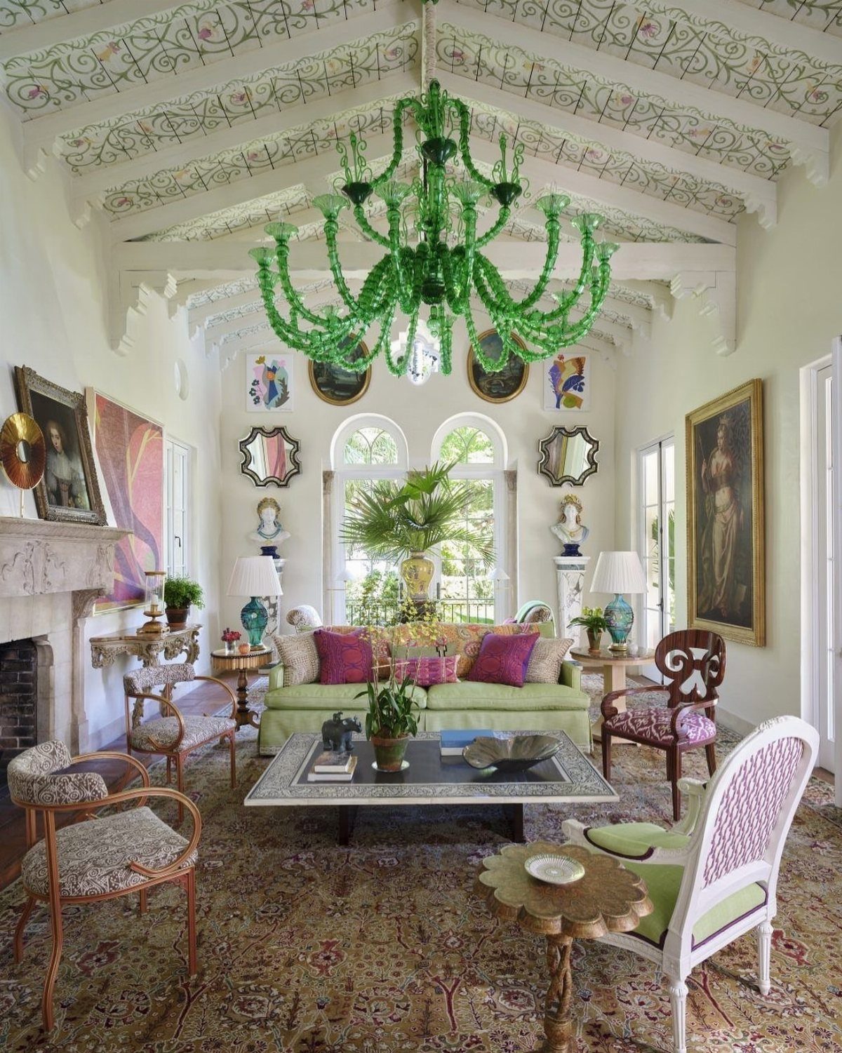 13 Spanish Style Living Room Decor Ideas with Warm Character 13 Ornate living room with green glass chandelier, beamed ceilings, and classical decor.