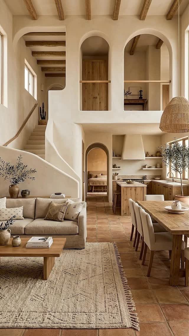 13 Spanish Style Living Room Decor Ideas with Warm Character 11 Spanish style living room with terracotta tiles, arched doorways, and exposed wooden beams.