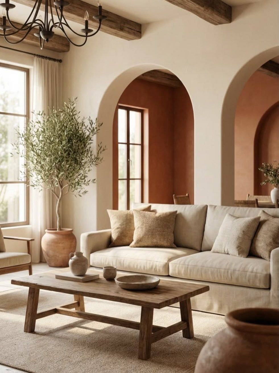 13 Spanish Style Living Room Decor Ideas with Warm Character 1 Beige sofa and wooden coffee table on a woven rug in arched room