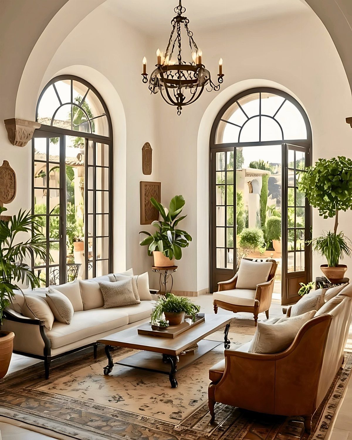 13 Spanish Style Living Room Decor Ideas with Warm Character 4 Spanish living room with a wrought iron chandelier and arched glass doors.