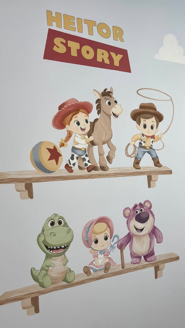 12 Toy Story Bedroom Ideas for Kids Who Love Woody and Buzz 3 Toy Story character wall mural with custom name and painted wooden shelves